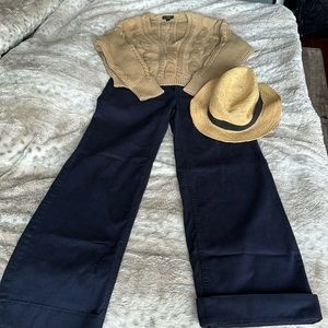 J.Crew outfit, V-neck sweater, J.Crew hat,navy wide leg khaki pants